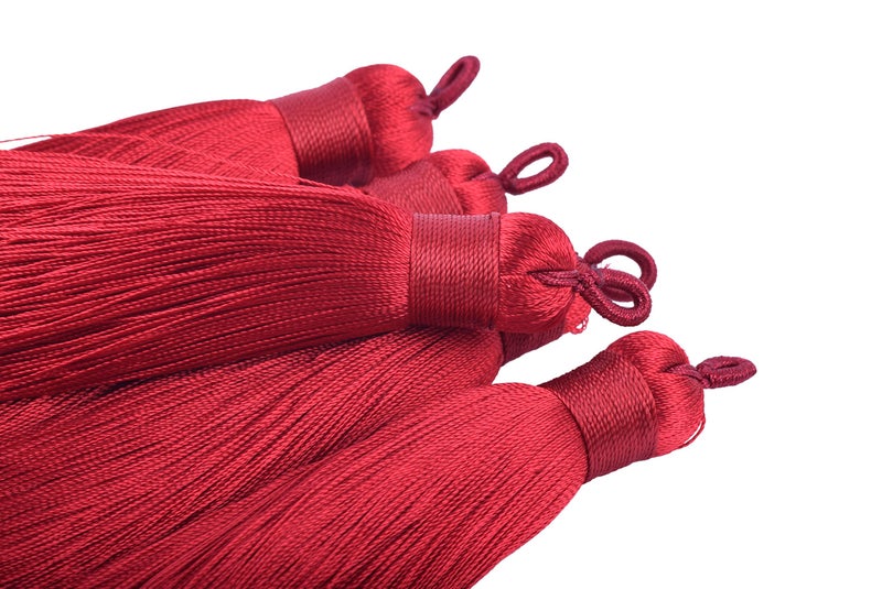 KONMAY 10pcs 3.4''(8.5cm) Handmade Imitation Silk Tassels with Hanging Loop for Jewelry Making (Wine)